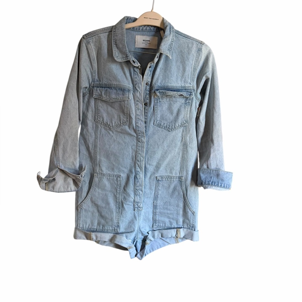Women’s One Teaspoon Light Wash Denim Romper Pink Spray Paint Smiley Face XS - Picture 6 of 12